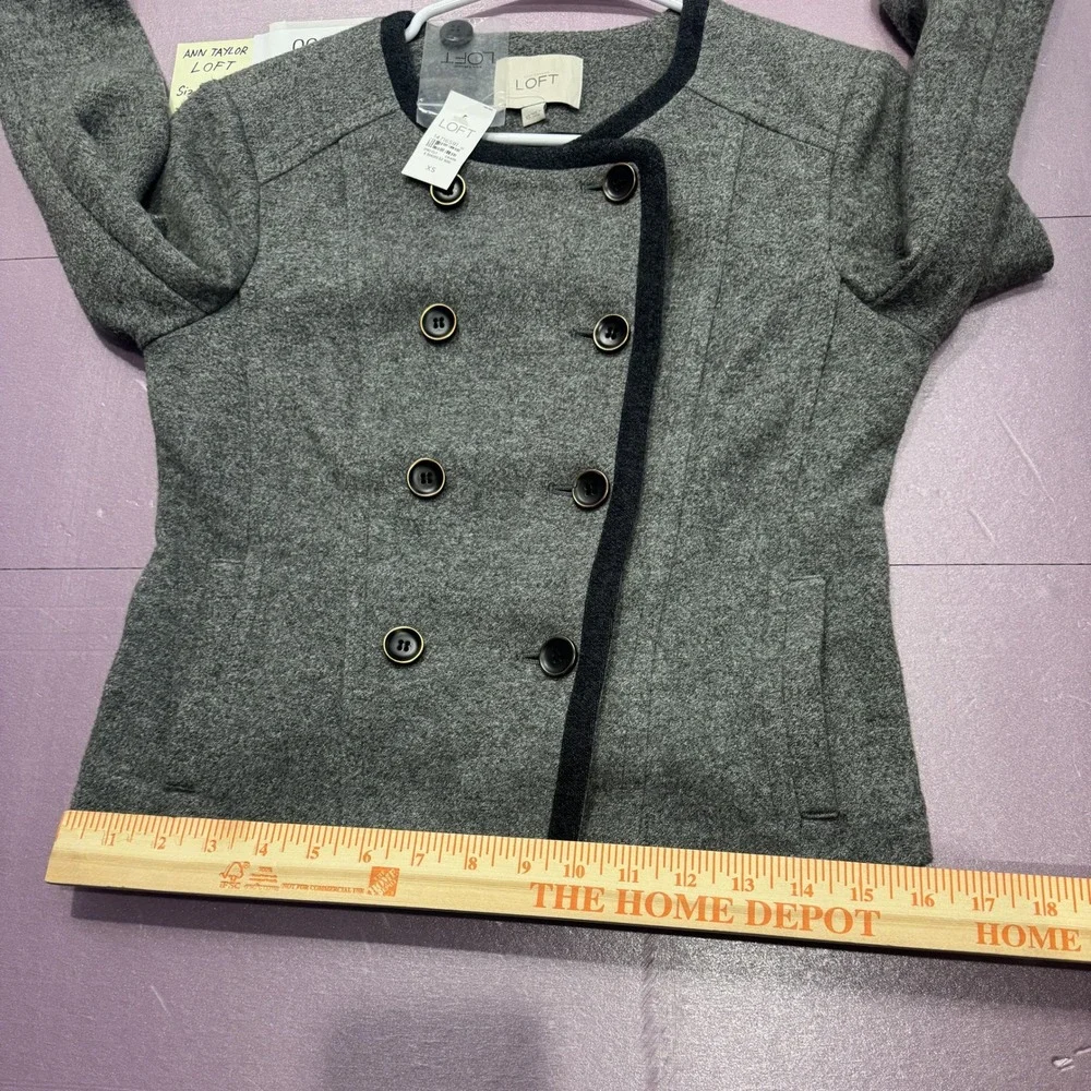 LOFT Double Breasted Jacket Womens XS Gray NEW Wool Blend Contrast Trim Military